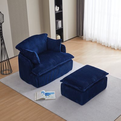 Wishdor - Compacte Fauteuil Met Hocker - Gecomprimeerd Ontwerp En Ruimtebesparend - Modern Met Retro-Uitstraling - Voor Woonkamer Of Studio - Zachte Stoffen Bekleding - Blauw - 115 X 89 X 77 Cm