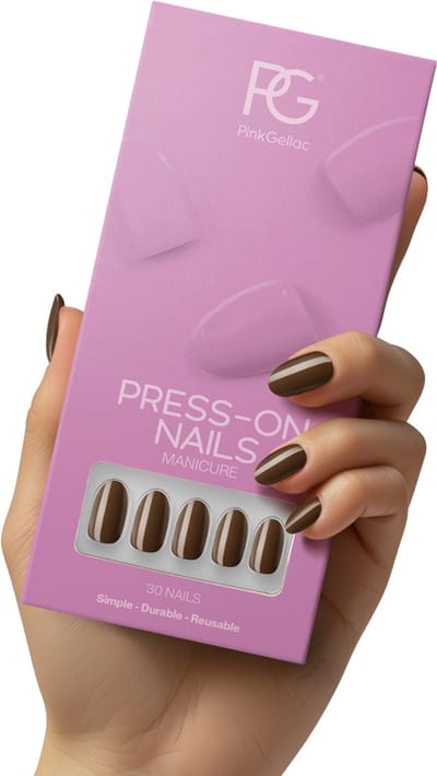 Pink Gellac Press On Nails - 421 Mocha Brown - Round Medium Plaknagels - 30 Press On Nagels Met Lijm, 30 Plakstickers, Cleaner Wipe, Nagelvijl, Woodstick en Size Matcher - Snel Aan Te Brengen Plak Nagels - Voor 7-14 Dagen Mooie Nagels