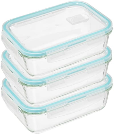 5Five Vershoudbakje met deksel - 3x - glas - luchtdicht - met clips - 21 x 15 x 7 cm - 1180 ml
