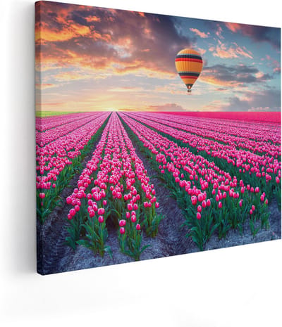 Artaza Canvas Schilderij Tulpenveld - 100x80 cm - Groot - Wanddecoratie Bloemen - Muurdecoratie Luchtballon - Schilderijen Op Canvas Zonsondergang