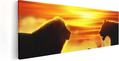 Artaza Canvas Schilderij Dierenkop Leeuw En Tijger - 60x20 cm - Wanddecoratie Woonkamer - Muurdecoratie Dieren - Kamer Accessoires