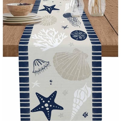 Zomer Oceaan Nautische Zeester Koraal Gestreept Linnen Tafel Runner Jurk Sjaals Herbruikbare Keuken Eettafel Runners Feest Decor 150x33cm