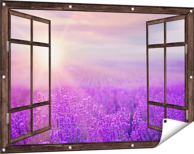 Gards Tuinposter Doorkijk Bloemenveld met Paarse Lavendel - 120x80 cm - Tuindoek - Tuindecoratie - Wanddecoratie buiten - Tuinschilderij