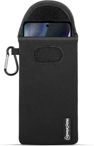 MobyDefend Hoesje - Geschikt voor Motorola Moto G22 - Neopreen Pouch Met Karabijnhaak - Insteek - Riemlus - Zwart