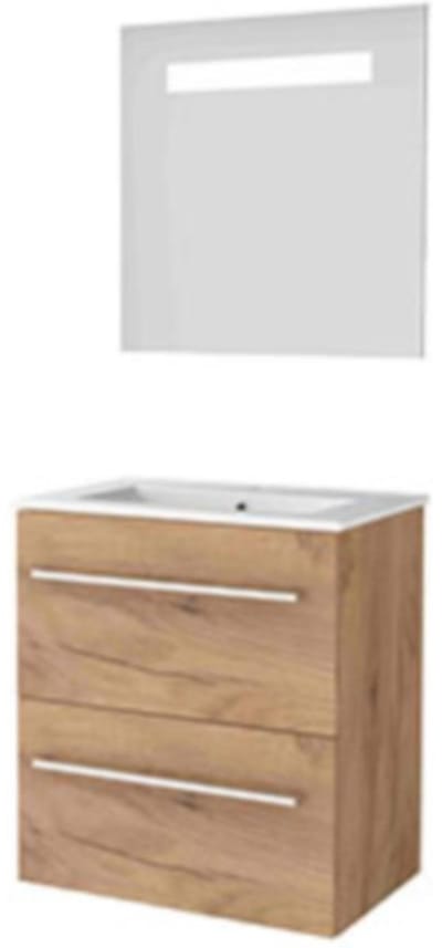 Basic-Line Economic 39 Badkamermeubelset - Ondiep - 80 x 39 cm - Met Grepen - 2 Lades - Keramische Wastafel - 1 Kraangat - Spiegel met LED Verlichting - Whisky Oak