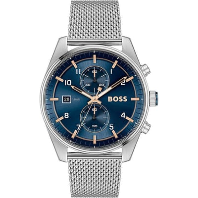 BOSS HB1514149 SKYTRAVELLER Heren Horloge - Chronograaf - Mineraalglas - Staal - Zilverkleurig - 44 mm breed - Quartz - Druksluiting - 5 ATM (douchen)
