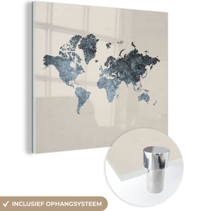 ® Glasschilderij 90x90 cm - Schilderij acrylglas - Wereldkaart - Grijs - Zilver - Foto op glas - Muurdecoratie woonkamer - Wanddecoratie slaapkamer - Schilderijen