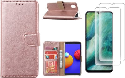 Hoesje Geschikt Voor Samsung Galaxy A01 Core Hoesje met Pasjeshouder booktype case / wallet cover Rose Goud 2 pack Screenprotector / tempered glass