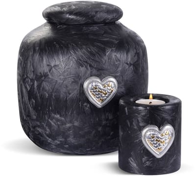 Terroso® - Glazen Urn Set - Zwart Frost - Met Verzilverd Hart - Inclusief Bijpassende Herdenkingskaars - 3,5 Liter