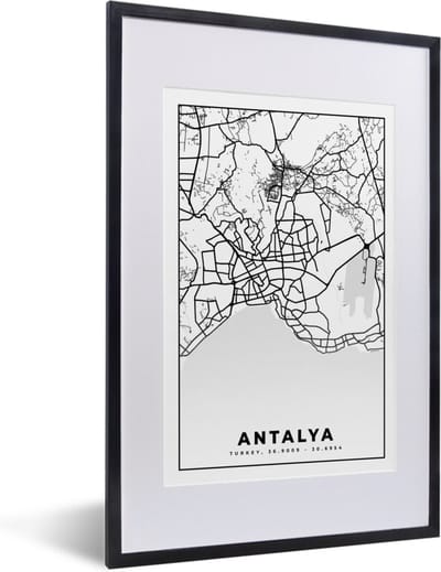 Fotolijst incl. Poster Zwart Wit- Antalya - Stadskaart - Plattegrond - Zwart Wit - Kaart - 40x60 cm - Posterlijst