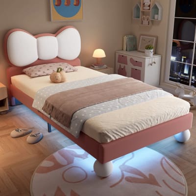 Gestoffeerd bed 90x200cm, eenpersoonsbed, kinderbed, strikhoofdeinde, kleurverstelbare led-lichtstrip onder het bed, lattenbodem, fluweel, beige + roze
