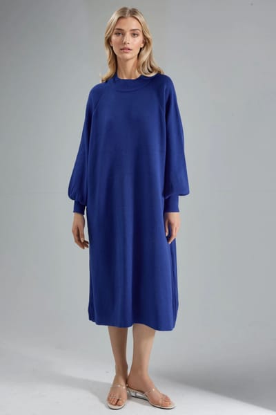 Lange Losse Ribgebreide Jurk met Ronde Hals