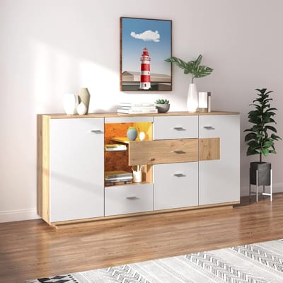Dressoir met LED Verlichting 160 x 40 x 77 cm Sideboard Kast met 2 Deuren en 4 Lades Modern Opbergkast Buffetkast voor Keuken Woonkamer en Eetkamer Wit Hout Look Bella