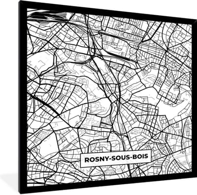 Fotolijst incl. Poster Zwart Wit- Plattegrond - Rosny-sous-Bois - Kaart - Frankrijk - Stadskaart - Zwart wit - 40x40 cm - Posterlijst