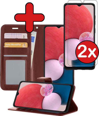 Hoesje - Met 2x Screenprotector - Geschikt voor Samsung Galaxy A13 5G - Luxe Pasjeshouder - Flip Case - Bookcase Portemonee - Kunstleer Book Case - Flipcase Hoes - Book Cover - Walletcase - Portemonneehoes - Telefoonhoes - Bruin
