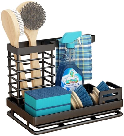 GELLDG Opbergrek voor de gootsteen - Keukenrek voor afwasdoeken - Afwasdoekhouder - Keukenrek voor sponzen met afdruiprek - Geschikt voor keukenaccessoires zoals sponzen, borstels en afwasmiddel - Zwart