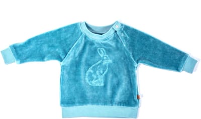 MXM Baby trui- Blauw- velours- Sweater- Katoen- Borduursel- Haas- Turquoise- Maat 50