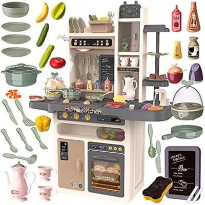 Speelkeuken voor Kinderen met Licht, Water en Stoom Effecten - 65 Accessoires Inclusief - Educatief Keukenspeelgoed met Geluid - Grijze Keukenset voor Binnenshuis