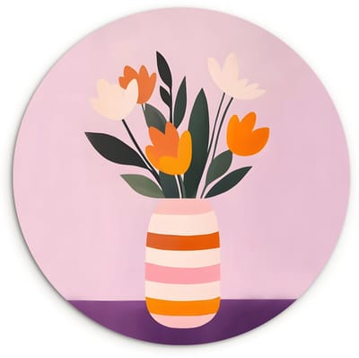 WallCircle® Wandcirkel 120x120 cm - Muurcirkel Tulpen - Vaas - Strepen - Paars - Muurdecoratie woonkamer - Wanddecoratie slaapkamer - Kamer decoratie accessoires - Ronde schilderijen XXL