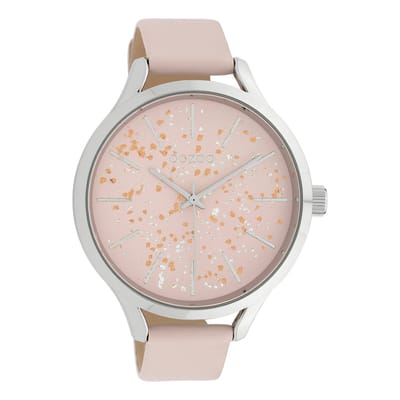 OOZOO Timepieces - Zilverkleurige horloge met zacht roze leren band - C10087