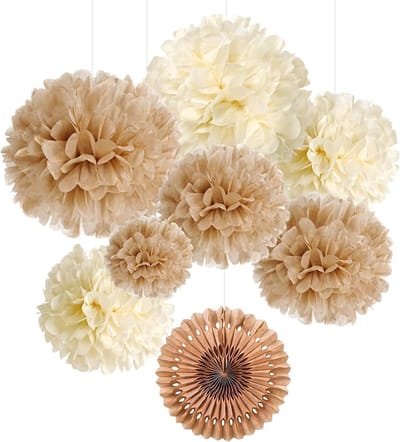 Thijox - Set van 7 Bruine Pompons Lampion Decoratie voor Bruiloft, Feest, Kamer Decoratie, Vanille en Lichtbruin, Diverse Maten, Feestmateriaal, Binne