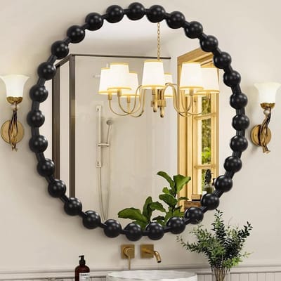 Ronde Spiegel met Metalen Kralenrand - Zwart Cirkelvormige Wandspiegel van 50 cm voor Slaapkamer, Woonkamer en Badkamer Decoratie