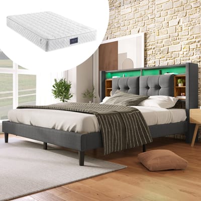 Gestoffeerd tweepersoonsbed met opbergruimte in het hoofdeinde, USB-oplaadpoort en ledverlichting, houten bedframe met lattenbodem, 160*200 cm, grijs (inclusief matras)