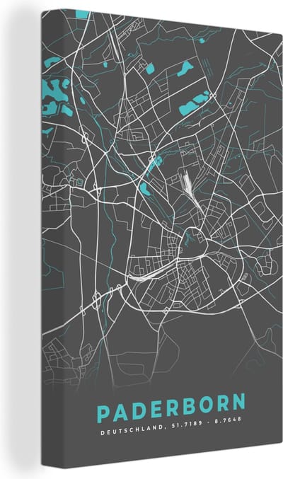 Canvas Schilderij Plattegrond – Paderborn – Blauw – Stadskaart – Kaart - Duitsland - 20x30 cm - Wanddecoratie