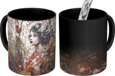 Magische Mok - Foto op Warmte Mokken - Koffiemok - Kimono - Vrouw - kersenbomen - Magic Mok - Beker - 350 ML - Theemok