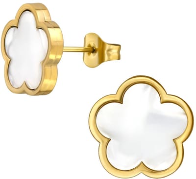 CS Joy - bloem oorbellen - Chirurgisch staal - klaver bloem oorknoppen ingelegd met schelp - 14 mm - ip/pvd gold plated