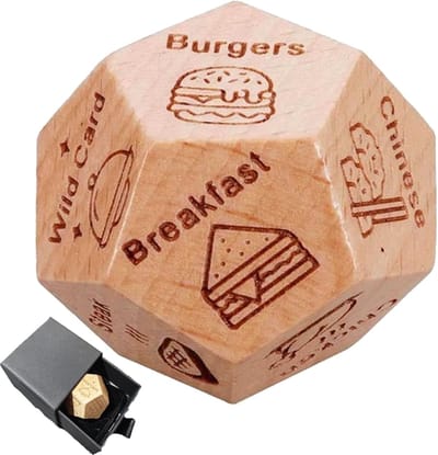 Beslissingsdobbelsteen - 12 Eetopties - Beslist Wat Je Eet In Één Worp - Voor Date Night/Vaderdag/Kerst/Jubileum - Pizza/Burger/Sushi/Pasta En Meer - Voor Stellen/Gezinnen/Vrienden - Meerkleurig - Standaardformaat - 1 Stuk