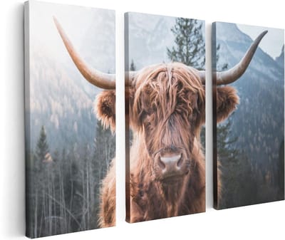 Artaza Canvas Schilderij Drieluik Schotse Hooglander Koe In De Bergen - 120x80 cm - Wanddecoratie Woonkamer - Schilderijen - Muurdecoratie