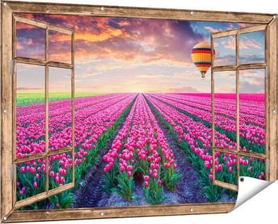 Gards Tuinposter Doorkijk Bloemenveld met Roze Tulpen - Luchtballon - 150x100 cm - Tuindoek - Tuindecoratie - Wanddecoratie buiten - Tuinschilderij