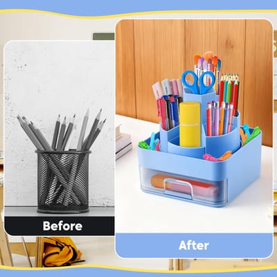 Bureau-organizer, 360° draaibare penhouder, pennenhouder met 11 vakken voor bureau en accessoires met lade voor kantoor, school, thuis en kunstbenodigdheden