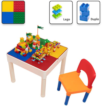 Kindertafel met 1 Stoeltje - Speeltafel met bouwplaat en vlakke kant - Geschikt voor Lego® & Duplo® Bouwstenen