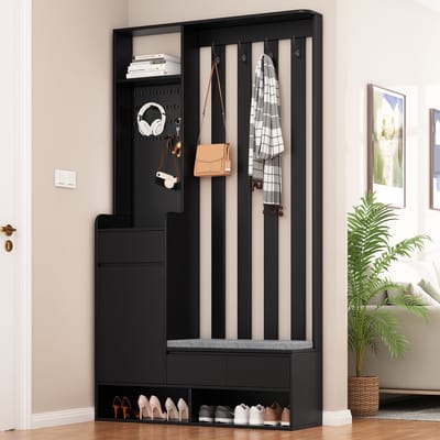 Halkasten - 100x180x35 cm - Flurgarderobe Met Gepolsterde Opbergbank, Multifunctioneel Schuhschrank, 4 Haken, Stecktafel - Hout - Zwart