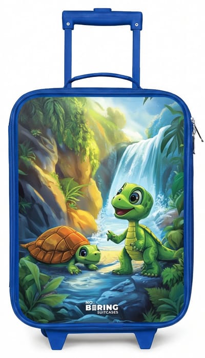 NoBoringSuitcases.com® - Kinderkoffer blauw - Kindertrolley jongen - Schildpad en dino bij waterval in tropisch bos - Koffer kind lichtgewicht - Reiskoffer trolley voor kinderen - Koffertje met lichtgevende wieltjes - Rolkoffer