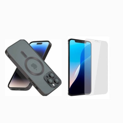 ShieldCase bundel Magneet telefoonhoesje met Camera Cover + Screenprotector - Geschikt voor Iphone 14 Pro Max - Transparant hoesje met zwarte details - Camera bescherming - Magnetisch hoesje - Glasplaatje - Gehard glas - Bescherming tegen krassen