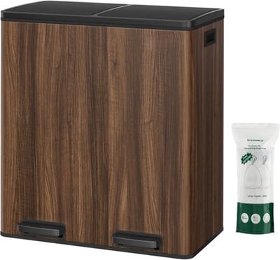 Furnstar Vuilnisemmer - 2 x 30 L - 2 vakken - Afvalscheidingssysteem - Pedaalemmer keuken - Afvalemmer met binnenemmer van kunststof - Klapdeksel softclose - Metaal - Donkerwalnootkleur