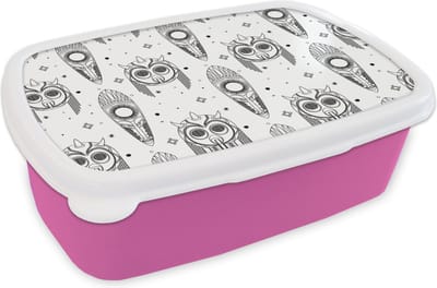 Broodtrommel Roze - Lunchbox - Brooddoos - Maya - Maskers - Zwart-Wit - Patroon - 18x12x6 cm - Kinderen - Meisje