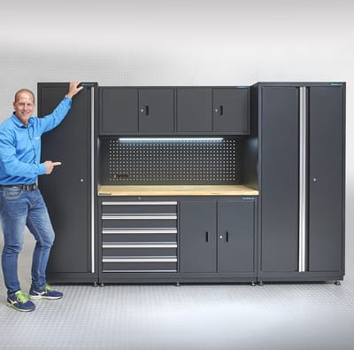 Datona® Werkbank 160 cm met bovenkast, smalle zijkast en brede zijkast - Zwart