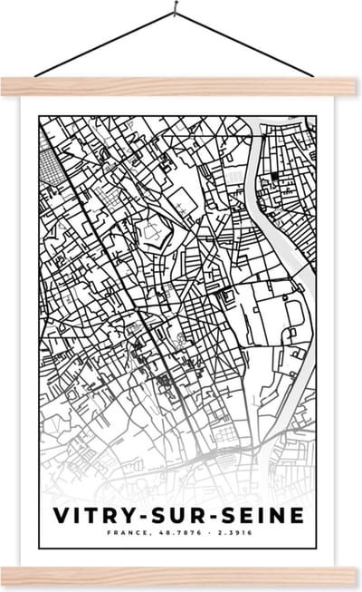 Posterhanger incl. Poster 40x60 cm - Schoolplaat - Stadskaart - Plattegrond - Kaart - Vitry-sur-Seine - Frankrijk - Zwart wit - Textielposter - Blanke latten - Stadskaart