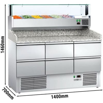 GGM Gastro Pizzakühltisch ECO - 1400x700mm - mit 6 Schubladen 1/2 - inkl. Kühl-Aufsatzvitrine 6x GN 1/4