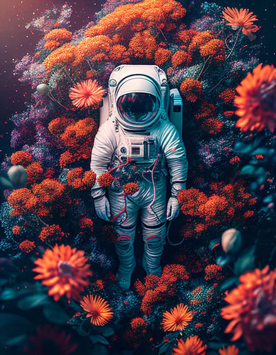 AI - Woondecoratie - Poster - Astronaut - bloemen – 05 - 60 x 80 cm