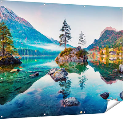 Gards Tuinposter Meer in de Bergen tijdens de Herfst - 150x120 cm - Tuindoek - Tuindecoratie - Wanddecoratie buiten - Tuinschilderij