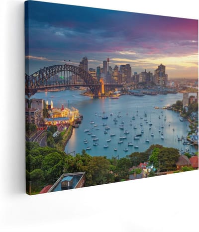 Artaza Canvas Schilderij Zonsondergang - 50x40 cm - Wanddecoratie Skyline - Muurdecoratie Boten Haven - Kamer Accessoires