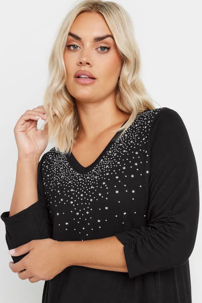 Yours Top Met Diamantjes, Vhals En Mouwen Met Ruches In Zwart Size 42