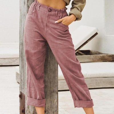 Lente Zomer Herfst Puur Kleur Katoen en Linnen Mode Losse Casual Broek Met Hoge Taille Dames XXXL roze