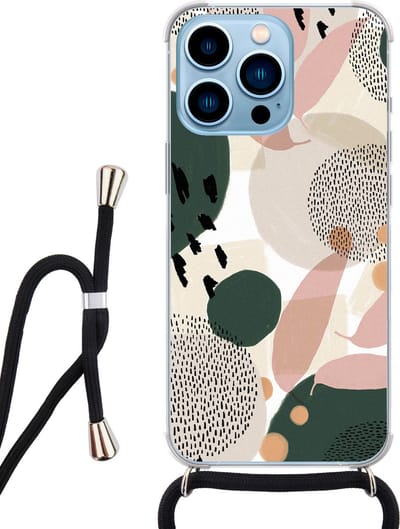 Hoesje met koord - Geschikt voor iPhone 13 Pro - Abstract print - Verstelbaar zwart koord - Transparant, Beige - Print / Illustratie - Leuke Telefoonhoesjes