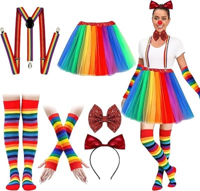 Daity Dames regenboogclownkostuum - Circuskostuum - inclusief tutu - kousen - handschoenen - hoofdband en bretels - perfect voor Halloween - cosplay - Pride Month of Rainbow Day.